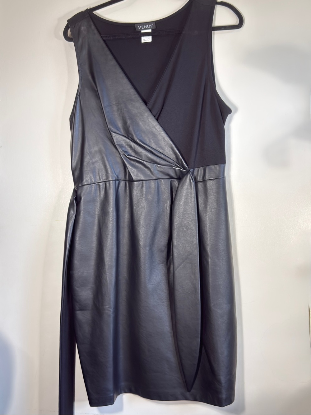 VENUS Black Faux Leather Wrap Midi Dress